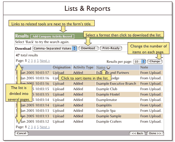 Screenshot of a report with annotations
	    describing the form that is displayed on the Results step.
	    The notes mention that a links to a related tool may be
	    displayed next to the form title, point out the Download
	    button and the features used to sort, filter or move to
	    another page in the list, as already described.