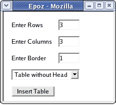 Enter Table Information window