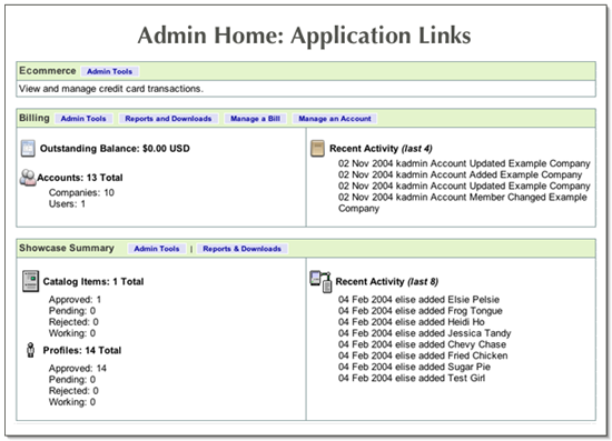 Screenshot of the Admin Home page.