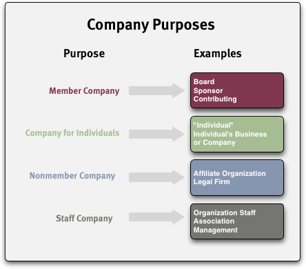 Diagram showing the kinds of companies that
	      might typically correspond to each of the Company
	    Purposes, such as Board Company for 'Member Company',
	      Affiliate Organization for 'Nonmember Company', Association Management for 'Staff Company' and "Individual" for 'Company for Individuals'.