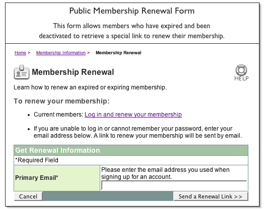 Screenshot of public form used by inactive members to request a renewal link by email.